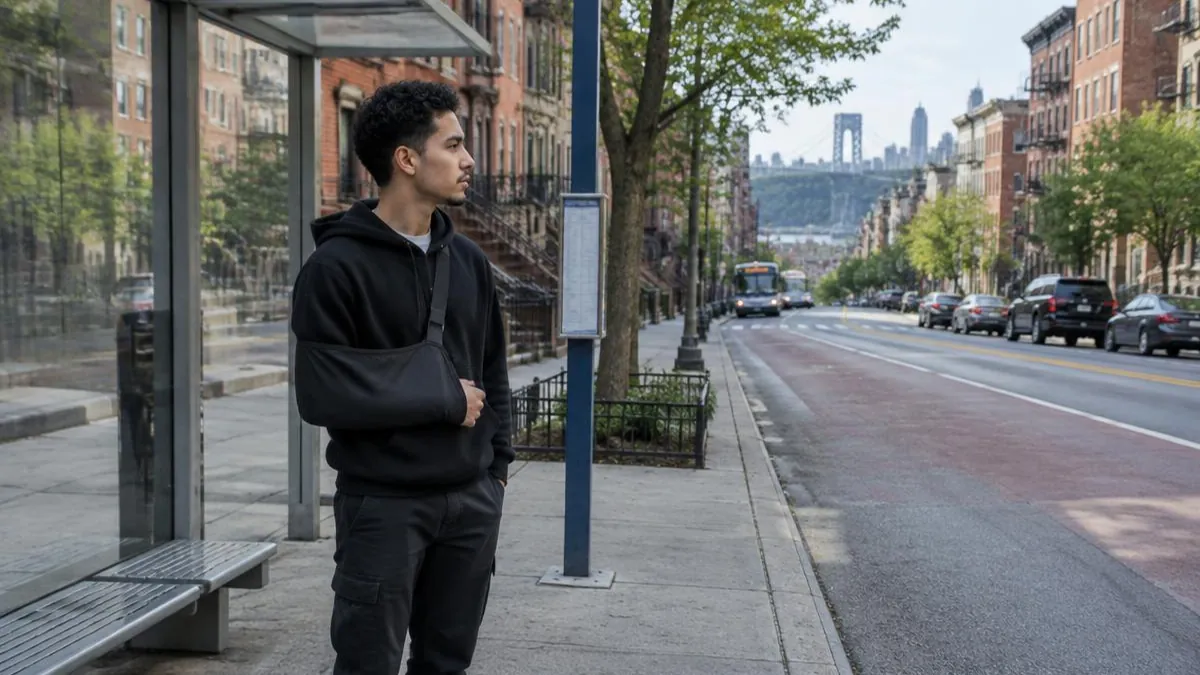 Joven latino con el brazo en cabestrillo esperando en una parada de autobús de Washington Heights Joven latino con el brazo en cabestrillo esperando en una parada de autobús de Washington Heights