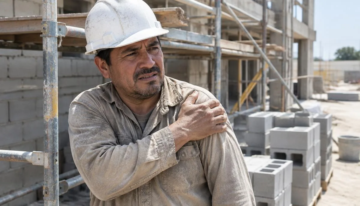 Obrero latino con casco blanco y camisa polvorienta sosteniéndose el hombro junto a andamios y bloques de concreto Obrero latino con casco blanco y camisa polvorienta sosteniéndose el hombro junto a andamios y bloques de concreto