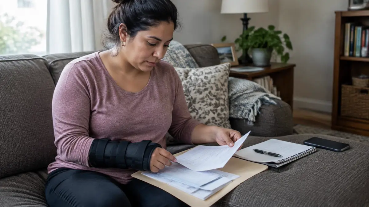 Mujer latina con férula en el antebrazo ordena cartas y notas médicas en una carpeta sobre el sillón, junto a una libreta y su celular