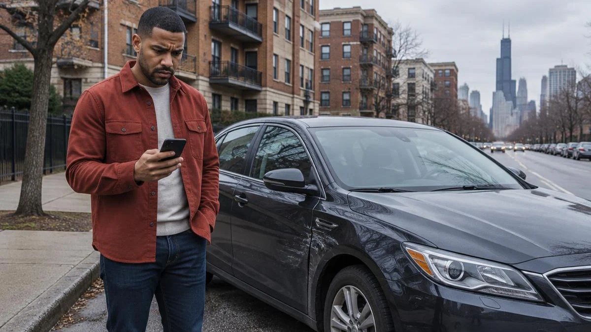 Hombre latino revisando su teléfono junto a un auto estacionado en una calle de Chicago