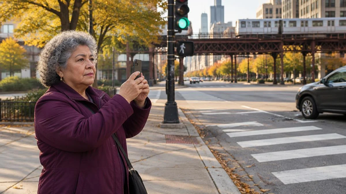 Mujer latina tomando fotografías de un cruce peatonal en una calle de Chicago