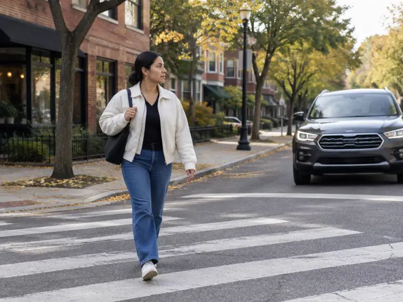 Mujer latina cruza la calle por un cruce peatonal en un vecindario de Chicago mientras un auto espera