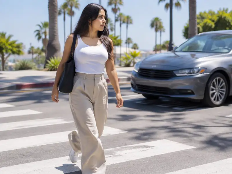 Mujer latina cruza la calle por un cruce peatonal en California mientras un auto espera