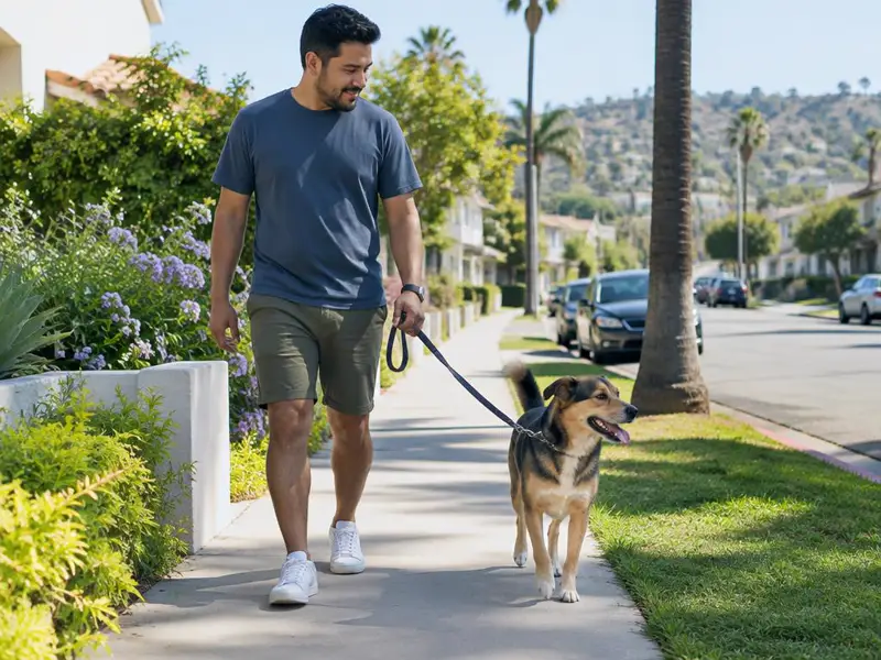 Hombre latino pasea a su perro con correa por una banqueta de un vecindario de California