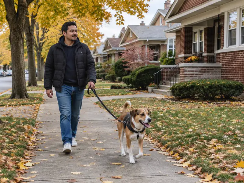 Hombre latino pasea a su perro con correa por una banqueta de un vecindario de Chicago en otoño