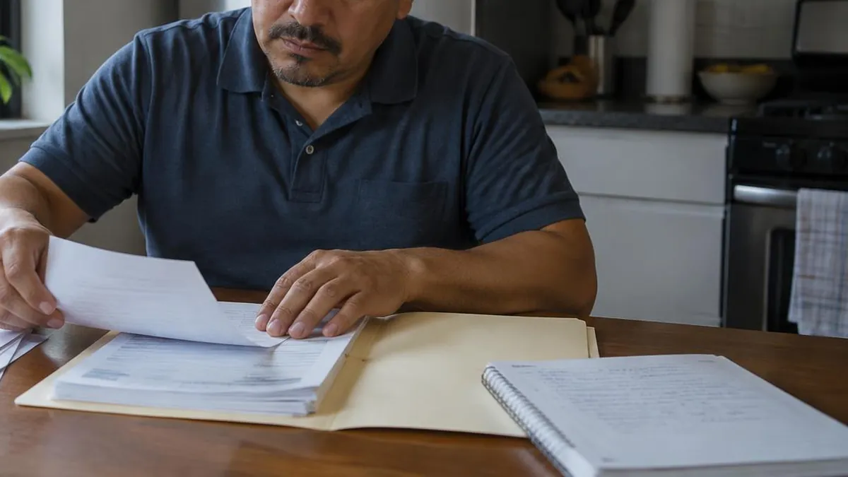 Hombre latino en camisa polo revisa talones de pago y una carta y los guarda en una carpeta sobre la mesa de su cocina Hombre latino en camisa polo revisa talones de pago y una carta y los guarda en una carpeta sobre la mesa de su cocina