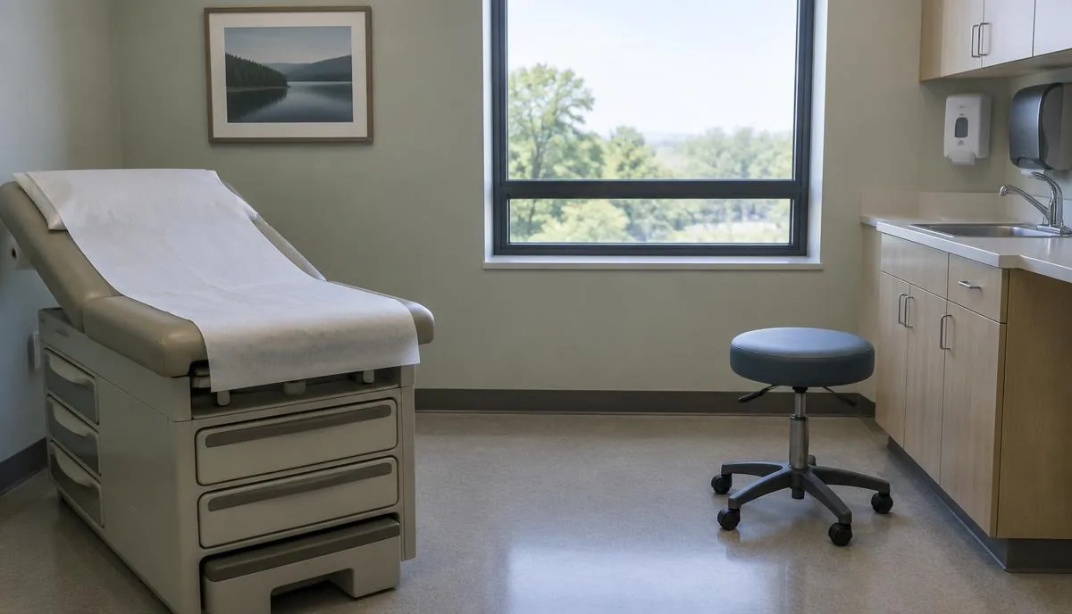 Consultorio médico vacío con una camilla cubierta, un banco y un lavabo, con luz de día