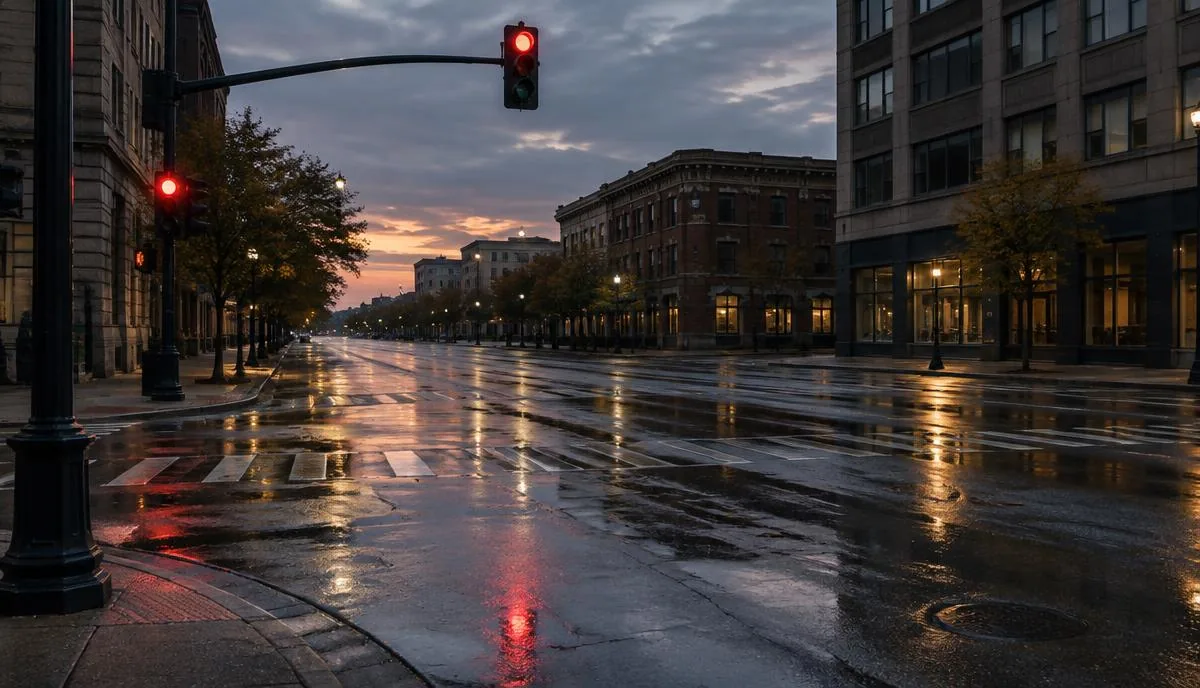 Intersección urbana tranquila con semáforo y pavimento mojado al atardecer, sin vehículos ni personas