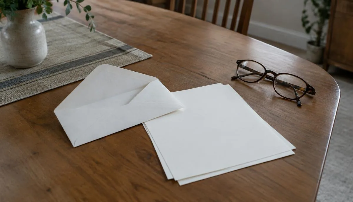 Sobre abierto con hojas en blanco sobre una mesa de comedor, junto a unos lentes