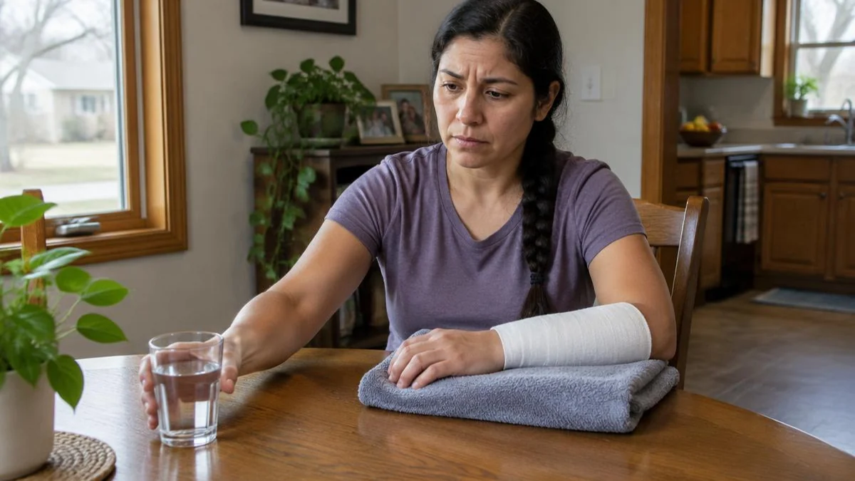 Mujer latina con antebrazo vendado alcanzando un vaso de agua en una mesa de su casa