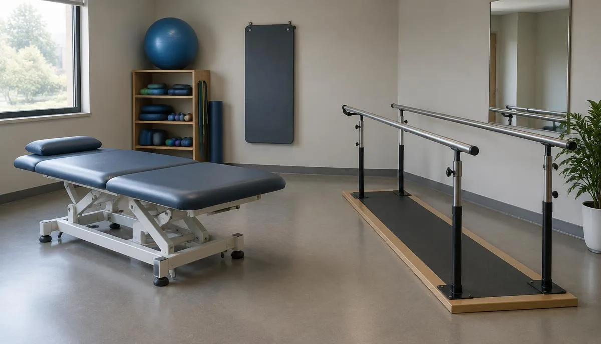 Sala de terapia física vacía con una camilla, pelota de ejercicio y barras de apoyo