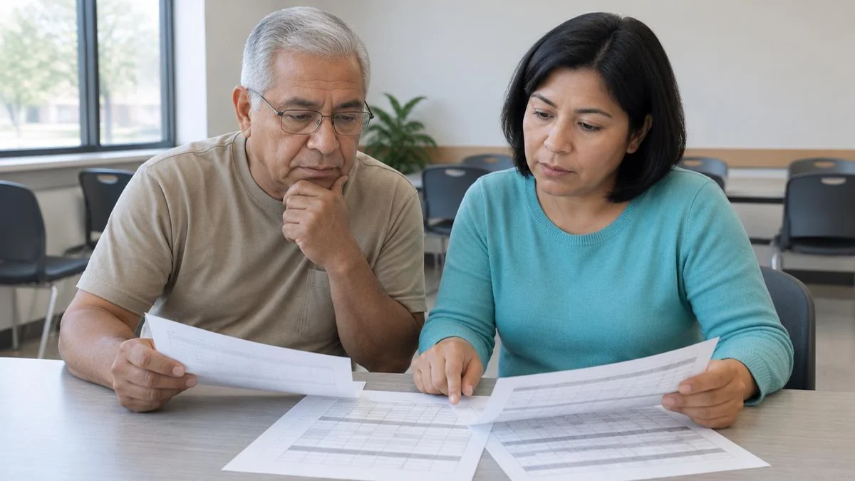 Hombre latino mayor y mujer latina revisando documentos en una mesa de su casa Hombre latino mayor y mujer latina revisando documentos en una mesa de su casa