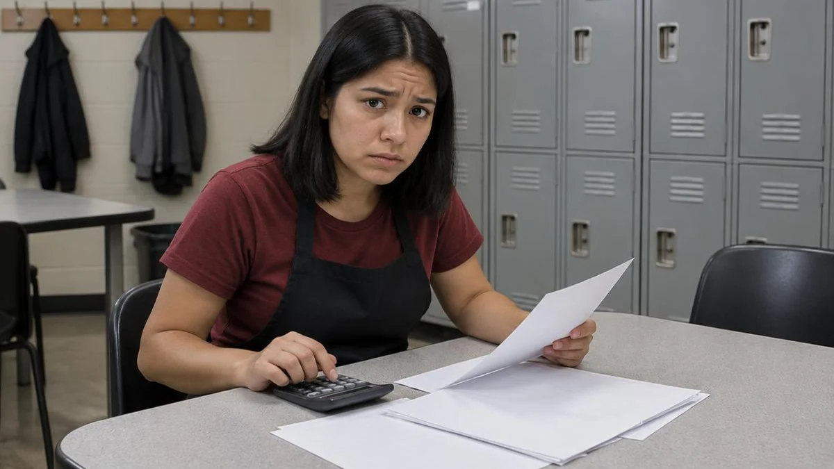 Trabajadora latina revisando hojas con una calculadora junto a casilleros en un cuarto de descanso Trabajadora latina revisando hojas con una calculadora junto a casilleros en un cuarto de descanso