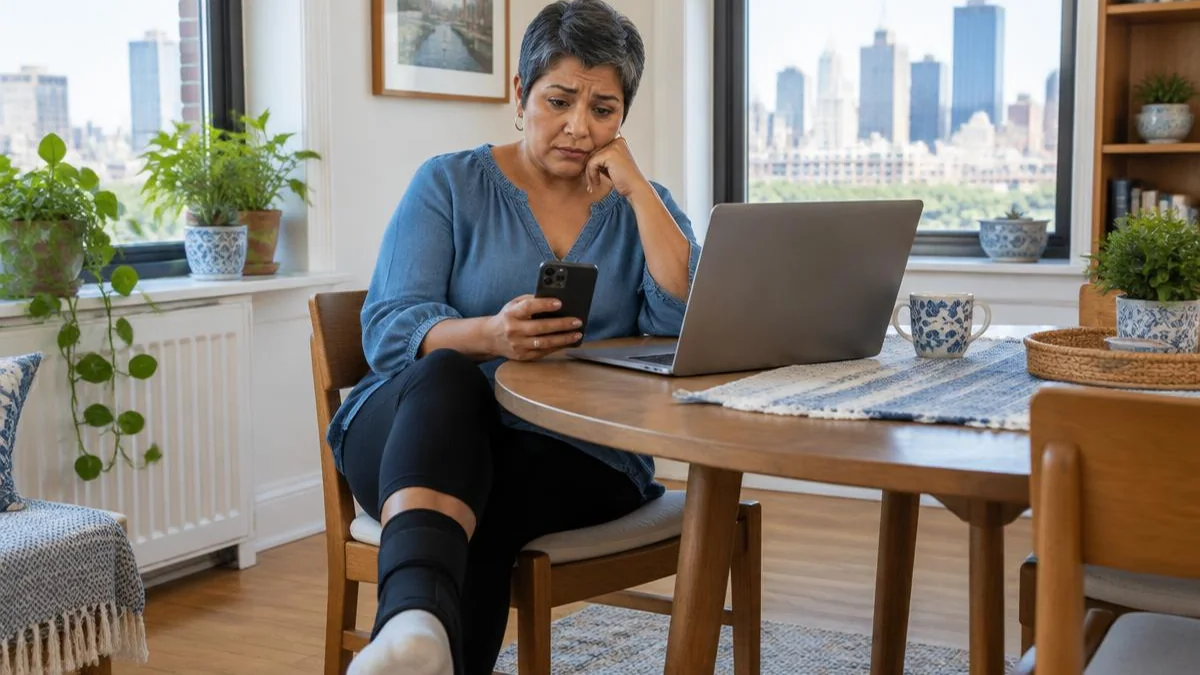 Mujer latina de cabello canoso mirando su teléfono junto a una computadora en el comedor de su casa