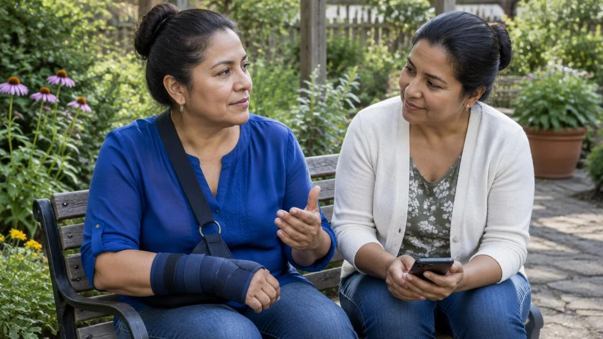 Mujer latina con soporte de brazo hablando con una acompañante que sostiene un teléfono en un jardín Mujer latina con soporte de brazo hablando con una acompañante que sostiene un teléfono en un jardín