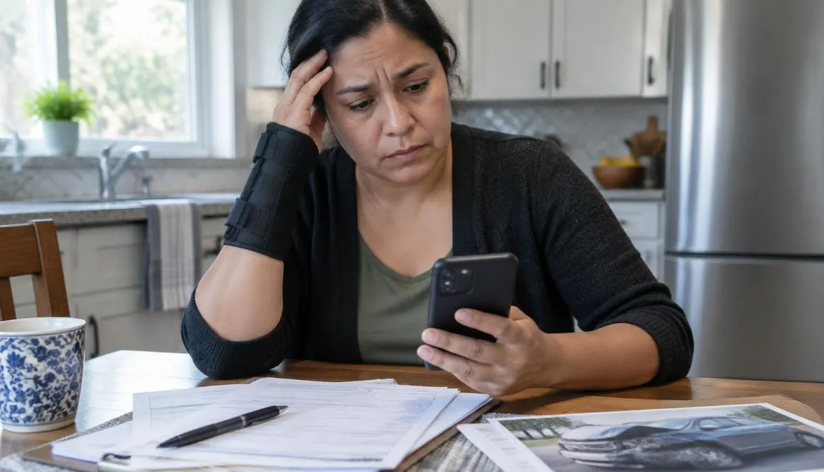 Mujer latina preocupada mirando su teléfono junto a documentos y una fotografía de un carro dañado en la mesa de su cocina Mujer latina preocupada mirando su teléfono junto a documentos y una fotografía de un carro dañado en la mesa de su cocina
