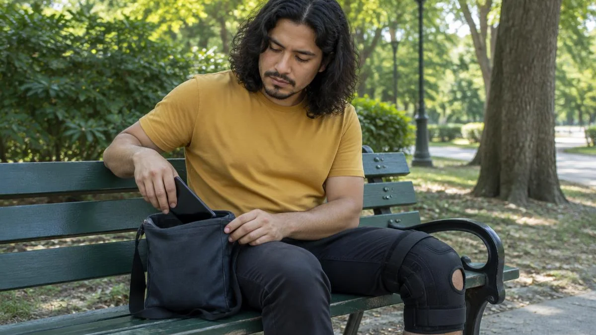 Joven latino con rodillera guardando su teléfono en una bolsa sobre una banca de parque Joven latino con rodillera guardando su teléfono en una bolsa sobre una banca de parque