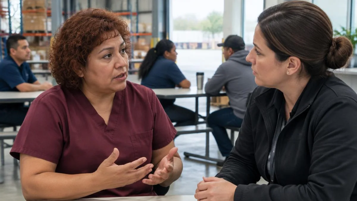 Trabajadora latina conversando con una supervisora en el área de descanso de un almacén