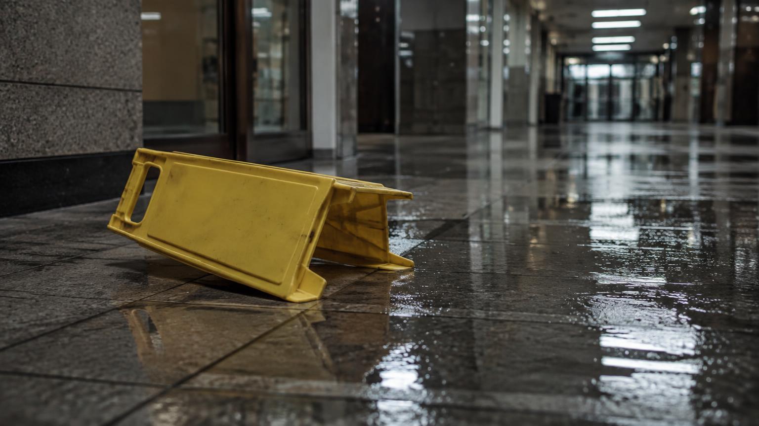 Piso de losetas mojado y reflejante en el pasillo de un edificio comercial, con un letrero amarillo de precaución tirado de lado bajo luz fluorescente.