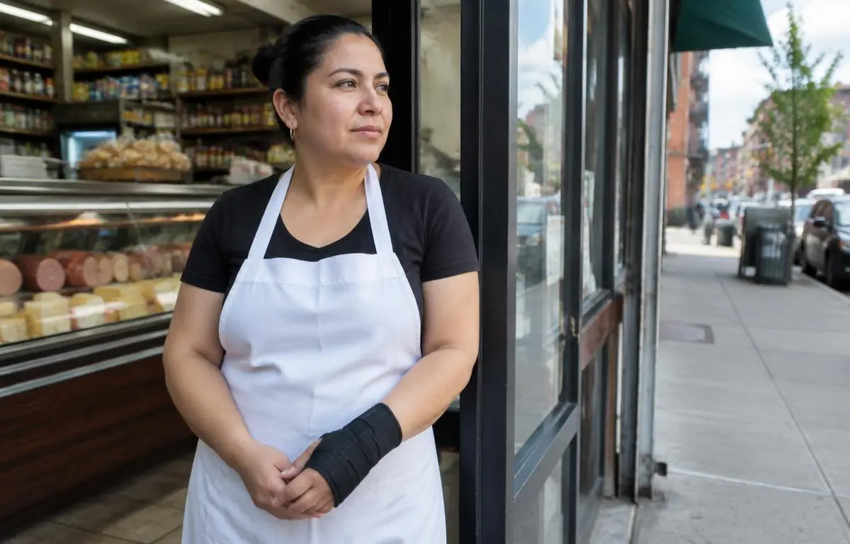 Trabajadora latina con muñequera en la puerta de un deli