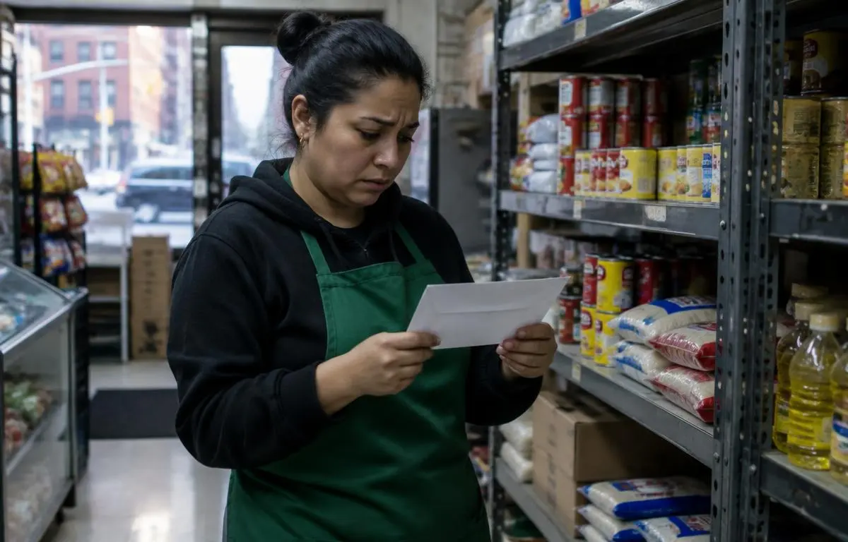 Trabajadora latina revisando un sobre junto a estantes de una bodega