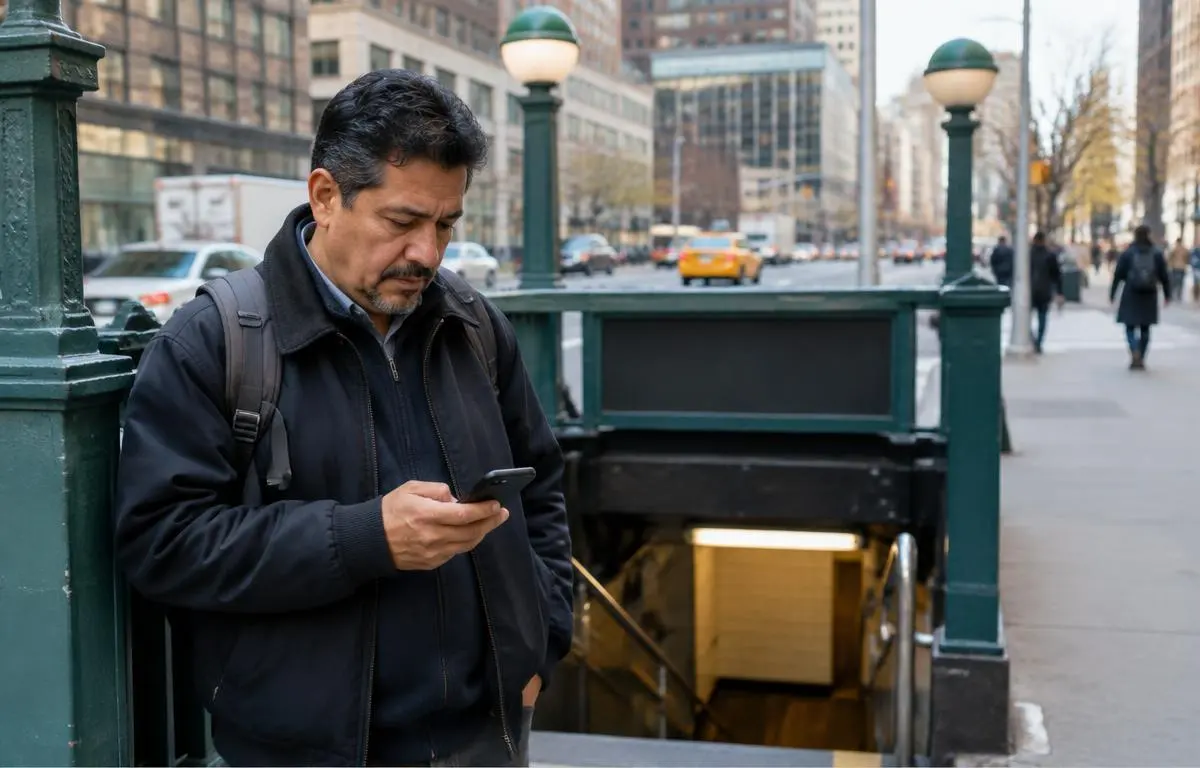 Hombre latino mirando su teléfono junto a una entrada del metro