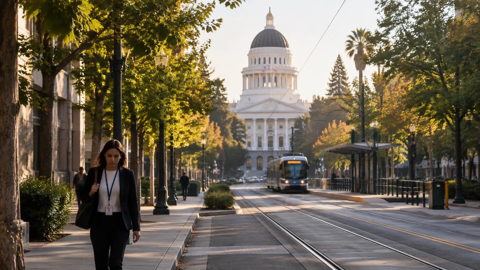 Calle arbolada del centro de Sacramento al amanecer, con el domo del Capitolio al fondo, un tren ligero en la parada y una empleada con gafete caminando al trabajo