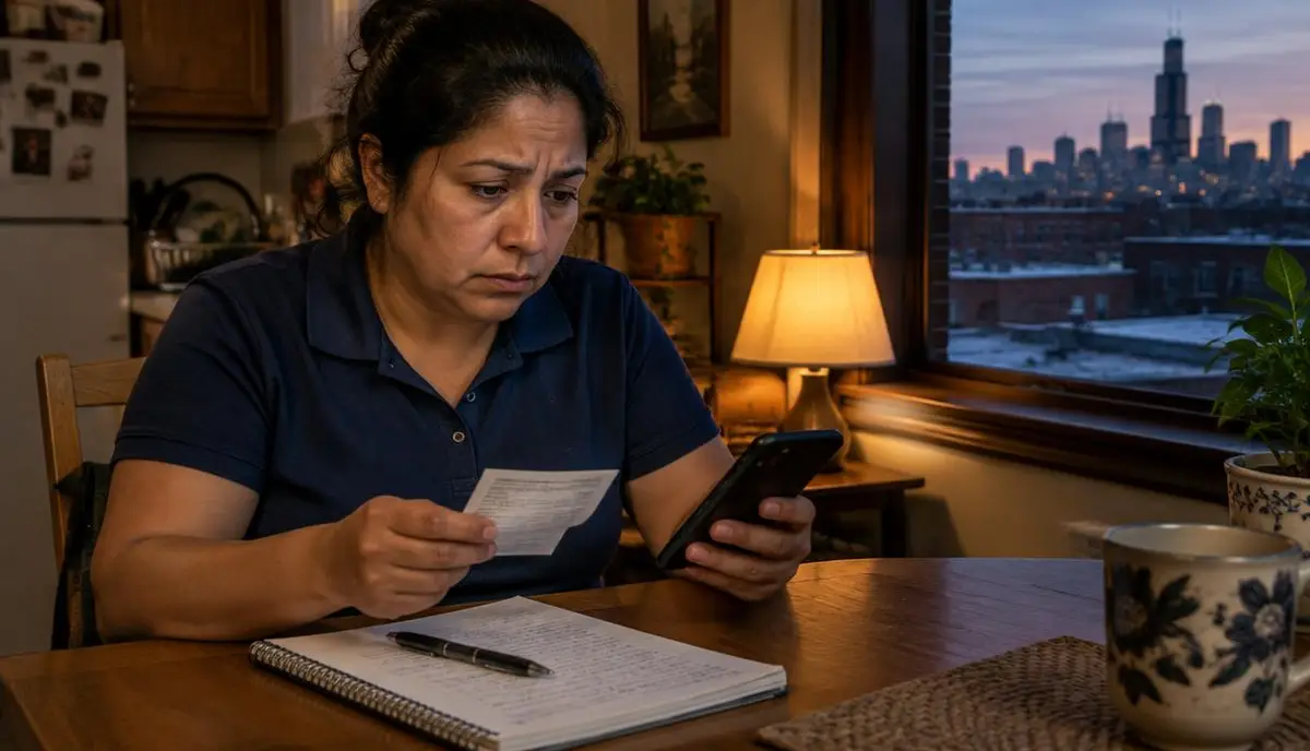 Trabajadora latina de limpieza revisa preocupada un talón de pago y su teléfono en la mesa de su cocina en Chicago al anochecer Trabajadora latina de limpieza revisa preocupada un talón de pago y su teléfono en la mesa de su cocina en Chicago al anochecer