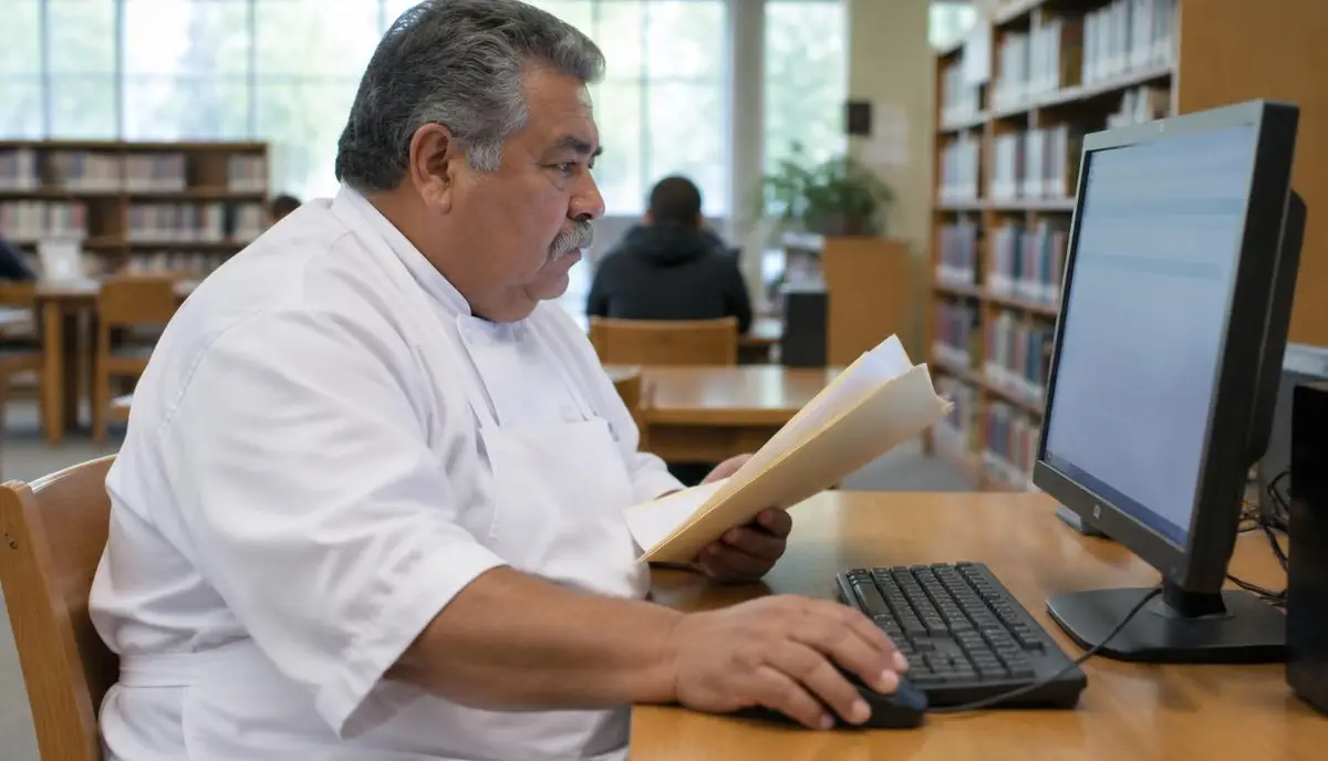 Cocinero latino de bigote canoso llena una queja de salario en una computadora de la biblioteca con una carpeta de papeles en la mano Cocinero latino de bigote canoso llena una queja de salario en una computadora de la biblioteca con una carpeta de papeles en la mano