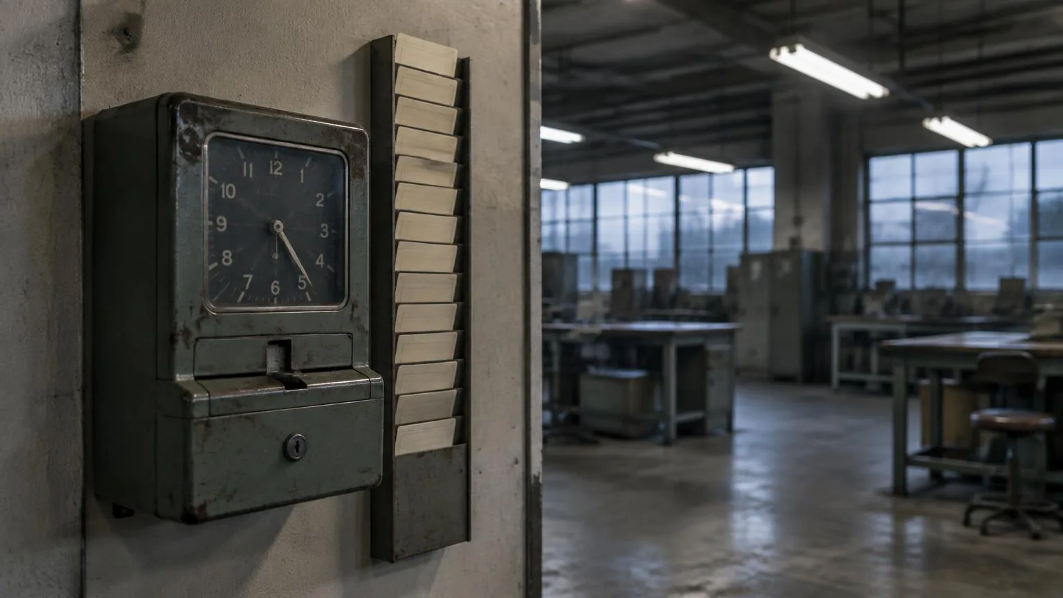 Reloj checador mecánico en la pared de un taller vacío al final del turno, con un rack de tarjetas de asistencia al lado y luz fluorescente.