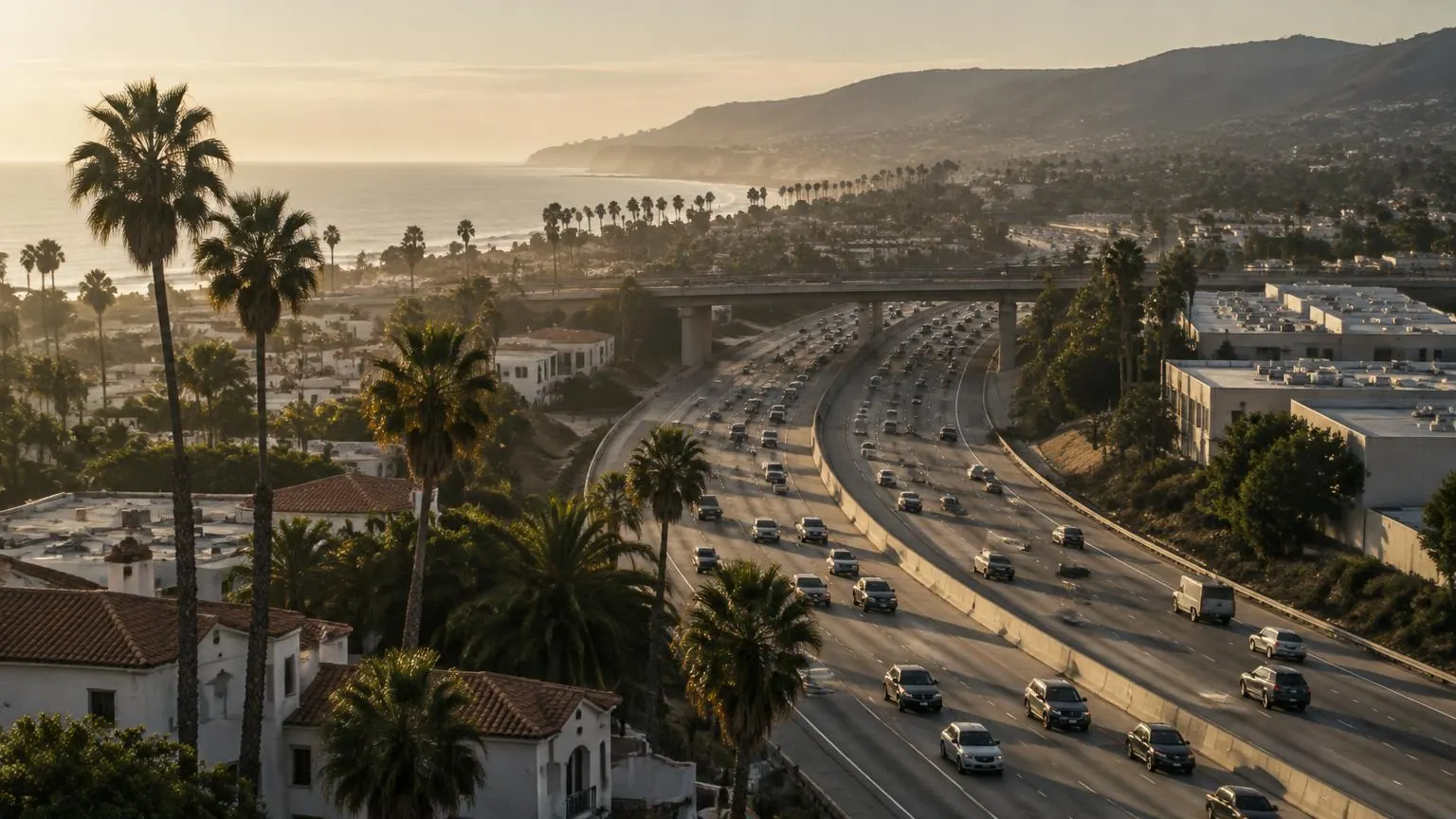 Corredor de autopista del Condado de San Diego con tráfico, palmeras y la costa entre la neblina al final de la tarde