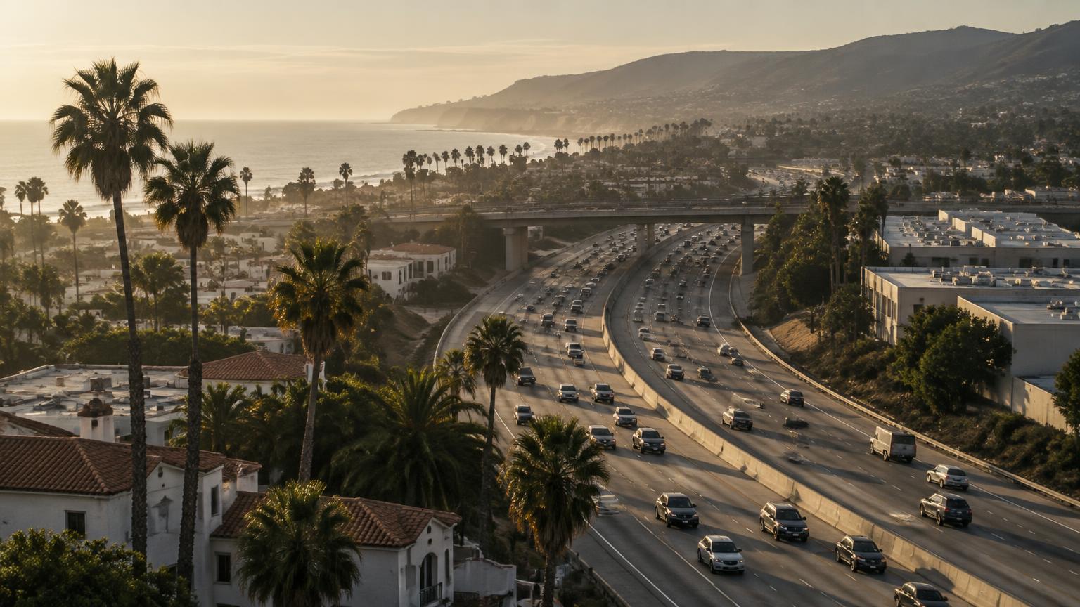 Corredor de autopista del Condado de San Diego con tráfico, palmeras y la costa entre la neblina al final de la tarde