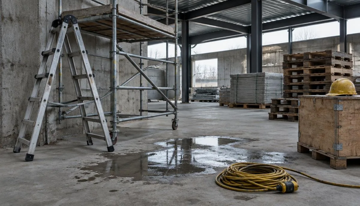 Nave industrial vacía con una escalera plegable junto a un andamio, un charco de agua en el piso de concreto, una extensión eléctrica enrollada, tarimas apiladas y un casco sobre una caja