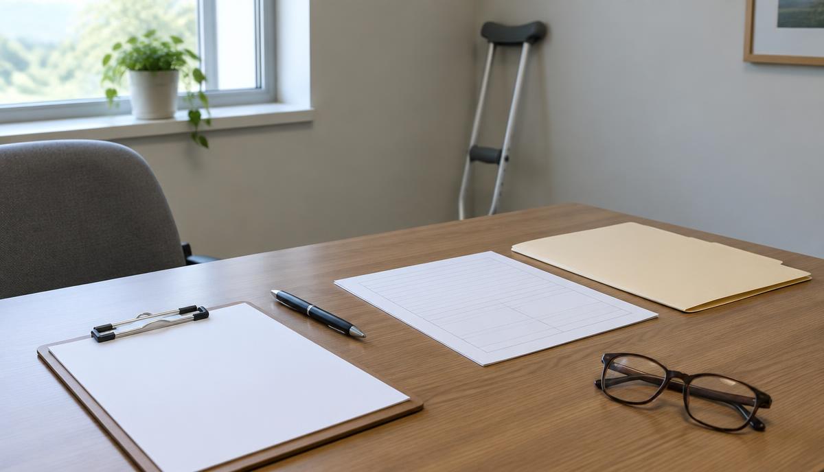 Escritorio de madera en una oficina tranquila con formularios en blanco, un portapapeles, una pluma, un folder y lentes de lectura, y un bastón de muletas recargado en la pared