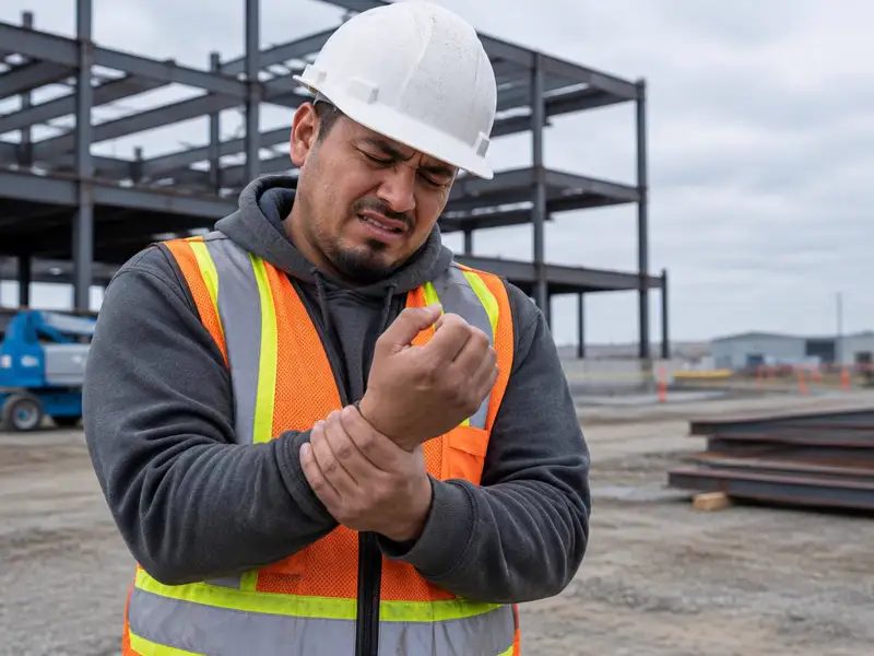 Trabajador de construcción latino con casco y chaleco de seguridad se sostiene la muñeca en una obra