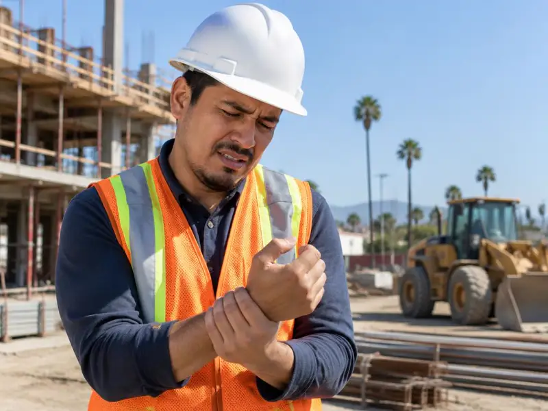 Trabajador de construcción latino con casco y chaleco de seguridad se sostiene la muñeca en una obra de California