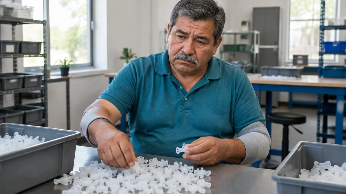 Trabajador latino con soportes de codo separando piezas pequeñas en una mesa de taller Trabajador latino con soportes de codo separando piezas pequeñas en una mesa de taller