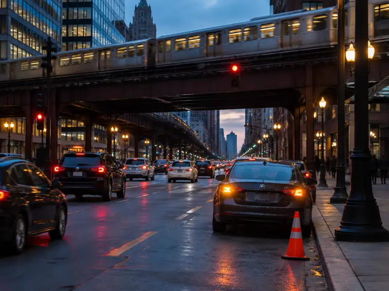 Tráfico bajo las vías elevadas del tren en Chicago al anochecer con un cono de seguridad junto a un auto detenido