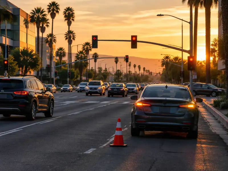 Tráfico en un bulevar de California al atardecer con un cono de seguridad junto a un auto detenido