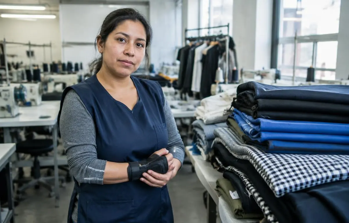 Costurera latina sujetando la muñequera junto a telas en un taller