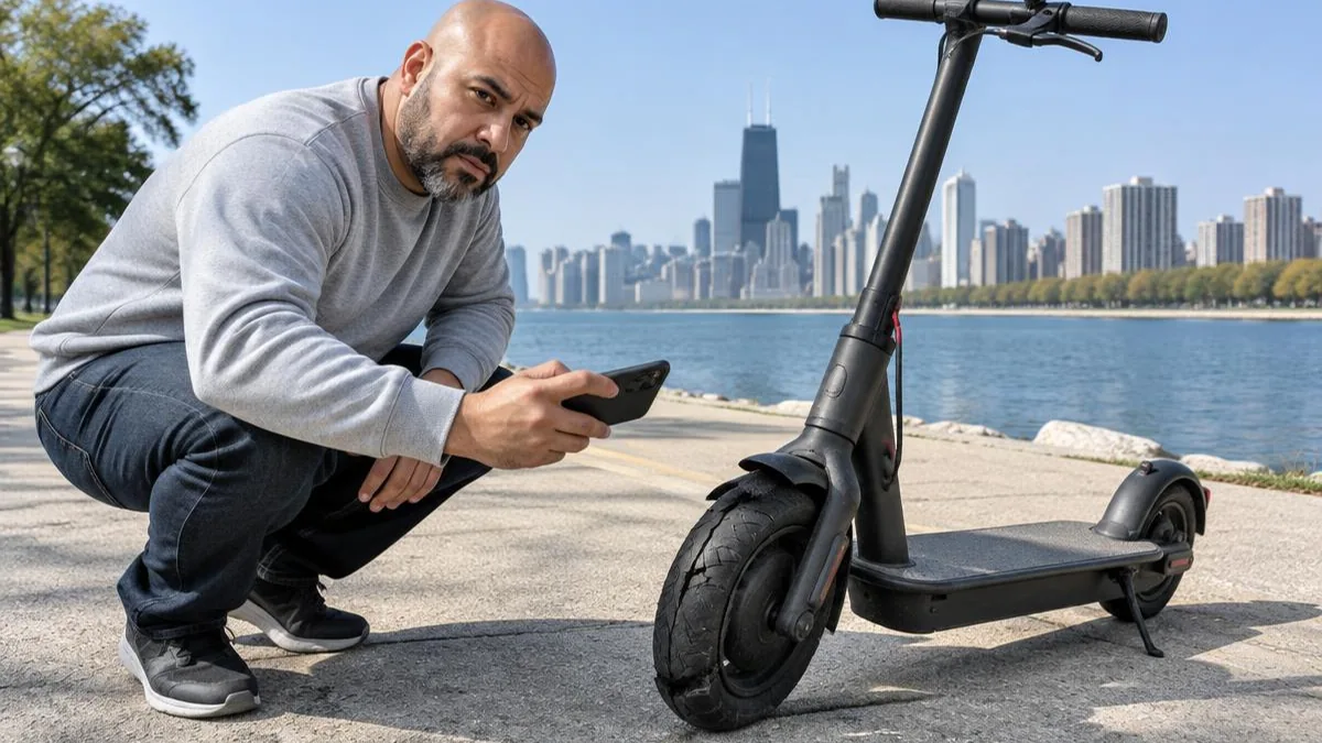 Hombre latino agachado mirando su teléfono junto a la rueda de un scooter eléctrico frente al lago en Chicago Hombre latino agachado mirando su teléfono junto a la rueda de un scooter eléctrico frente al lago en Chicago