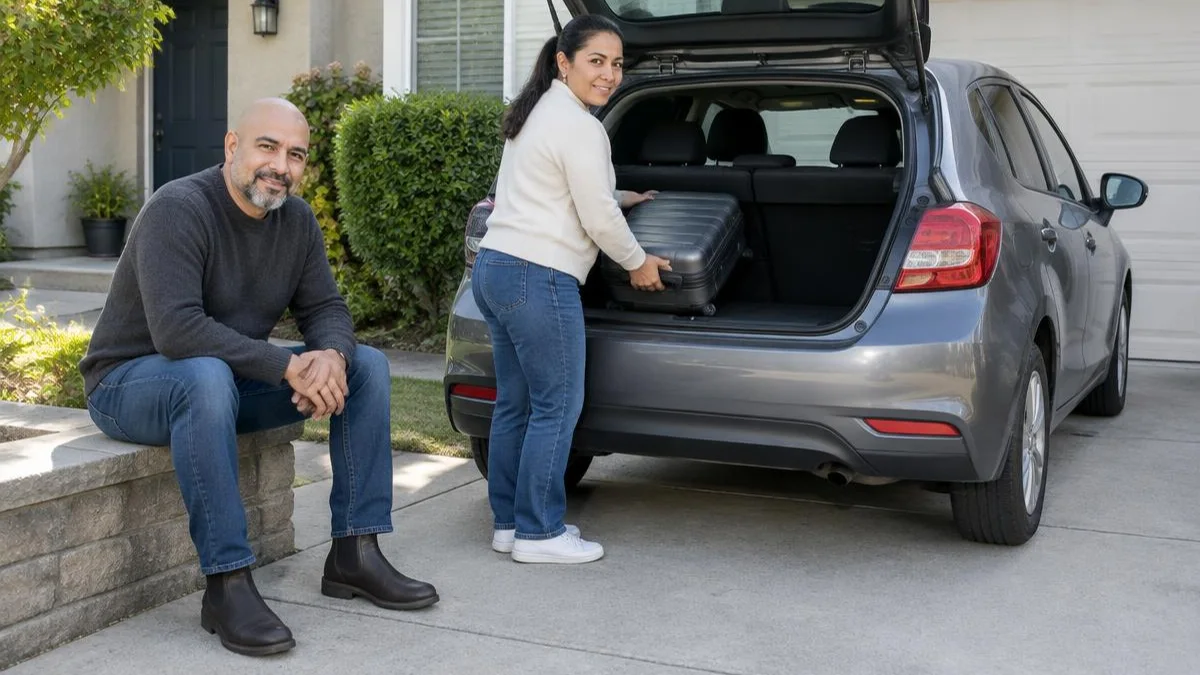 Hombre latino sentado junto a una mujer que coloca una maleta en un carro estacionado frente a una casa Hombre latino sentado junto a una mujer que coloca una maleta en un carro estacionado frente a una casa