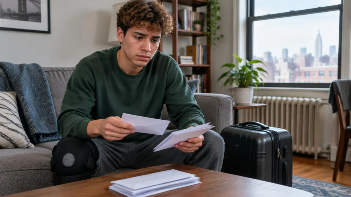 Joven latino de cabello rizado revisando sobres con una rodillera junto a una maleta en su sala