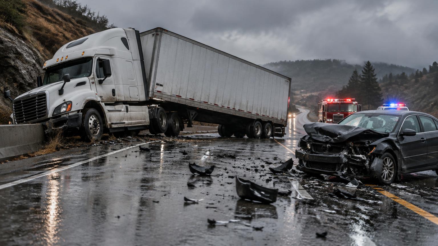 Un tráiler atravesado en el acotamiento de una carretera de California junto a un sedán con el frente destrozado, pedazos de plástico en el pavimento mojado y luces de emergencia bajo un cielo nublado.