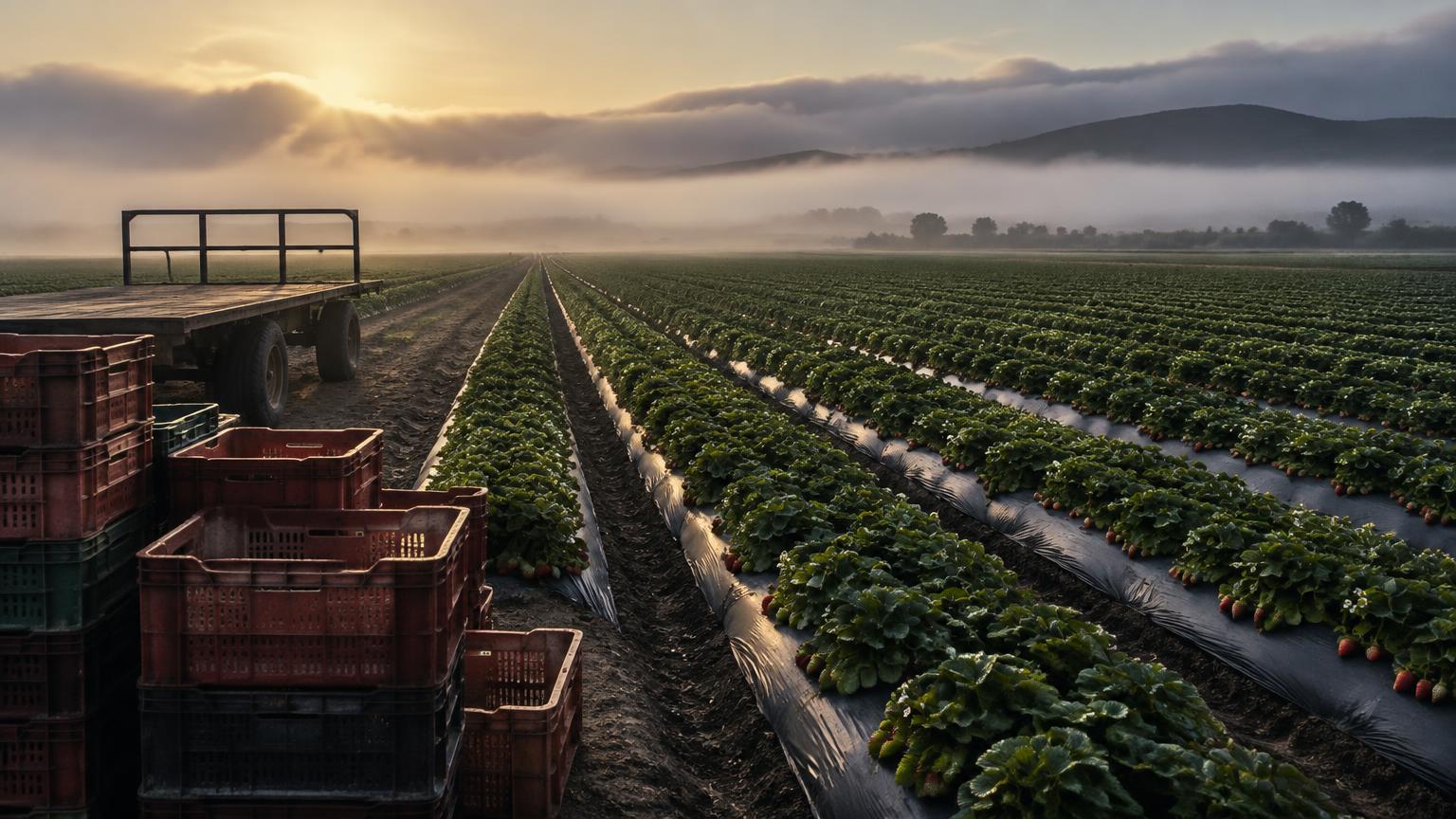 Surcos de fresa en la llanura de Oxnard al amanecer, con cajas de cosecha vacías y una plataforma estacionada al borde del campo