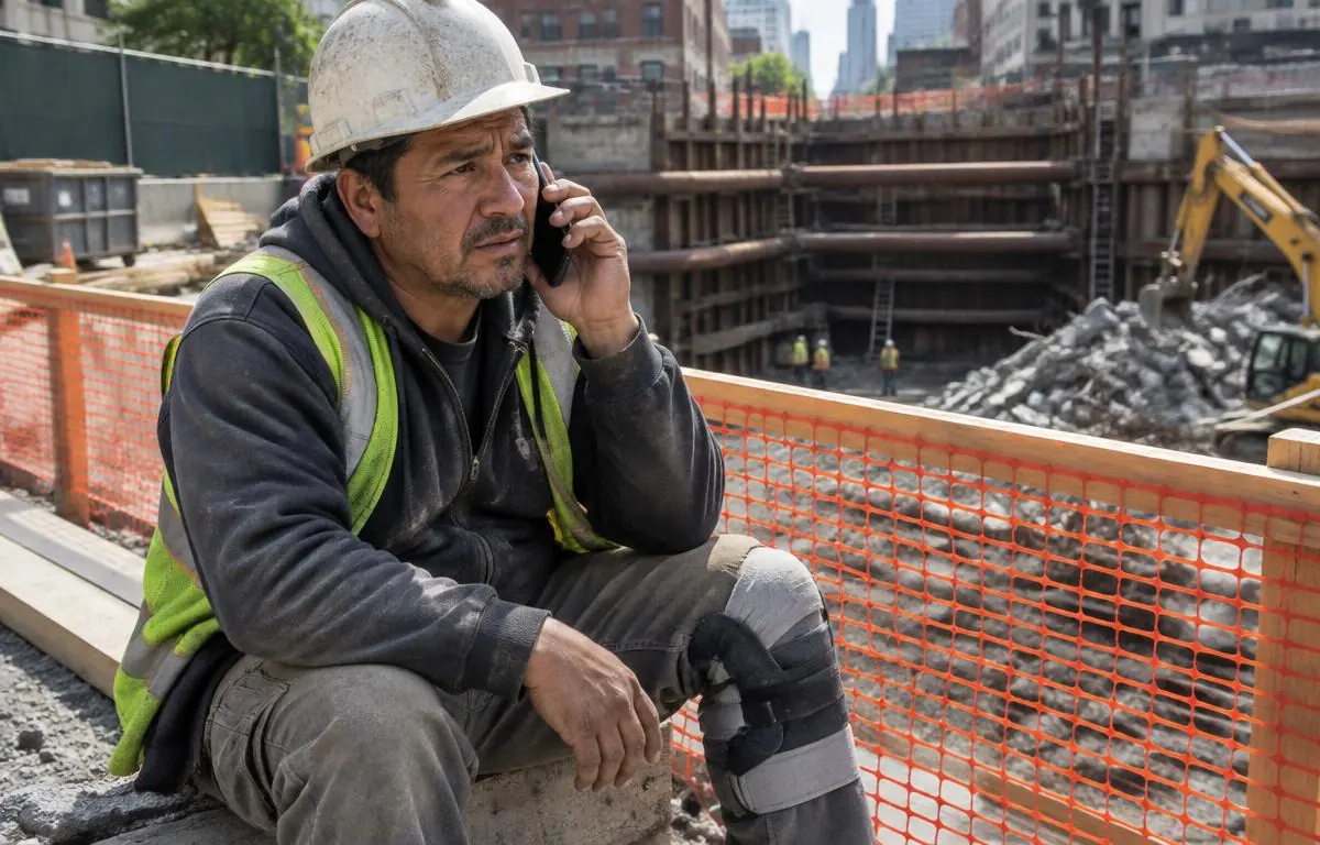 Código Industrial en Nueva York: trabajador latino preocupado frente a una zona de demolición Código Industrial en Nueva York: trabajador latino preocupado frente a una zona de demolición