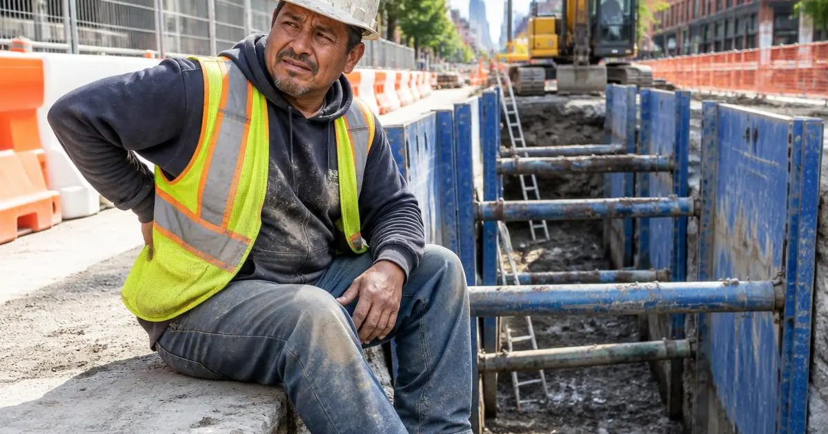 Código Industrial en Nueva York: trabajador hispano sosteniendo su espalda junto a una excavación Código Industrial en Nueva York: trabajador hispano sosteniendo su espalda junto a una excavación