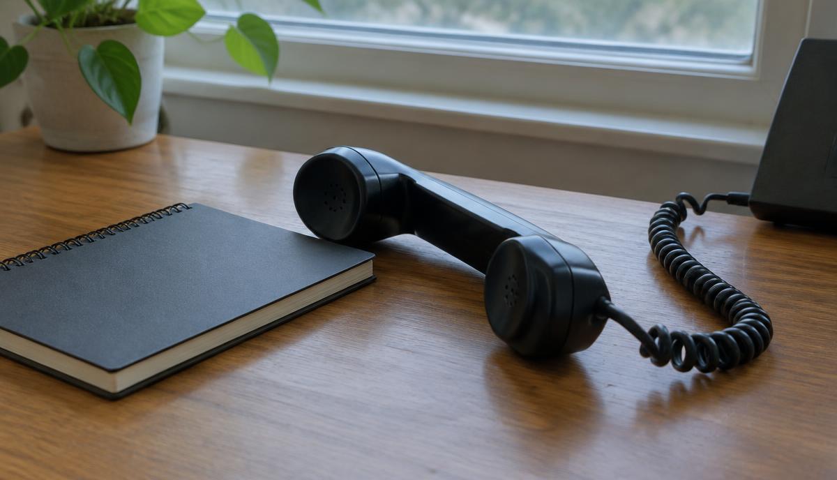 Auricular de teléfono descolgado junto a una libreta cerrada sobre un escritorio de madera